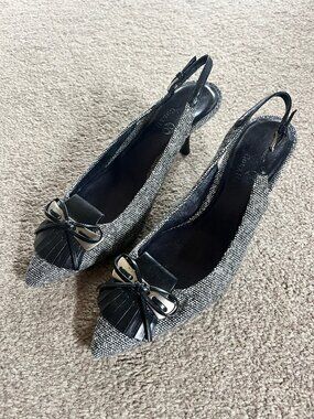 Cole Haan Tweed Slingback Kitten Heels with Bow and Fringe Size 7.5